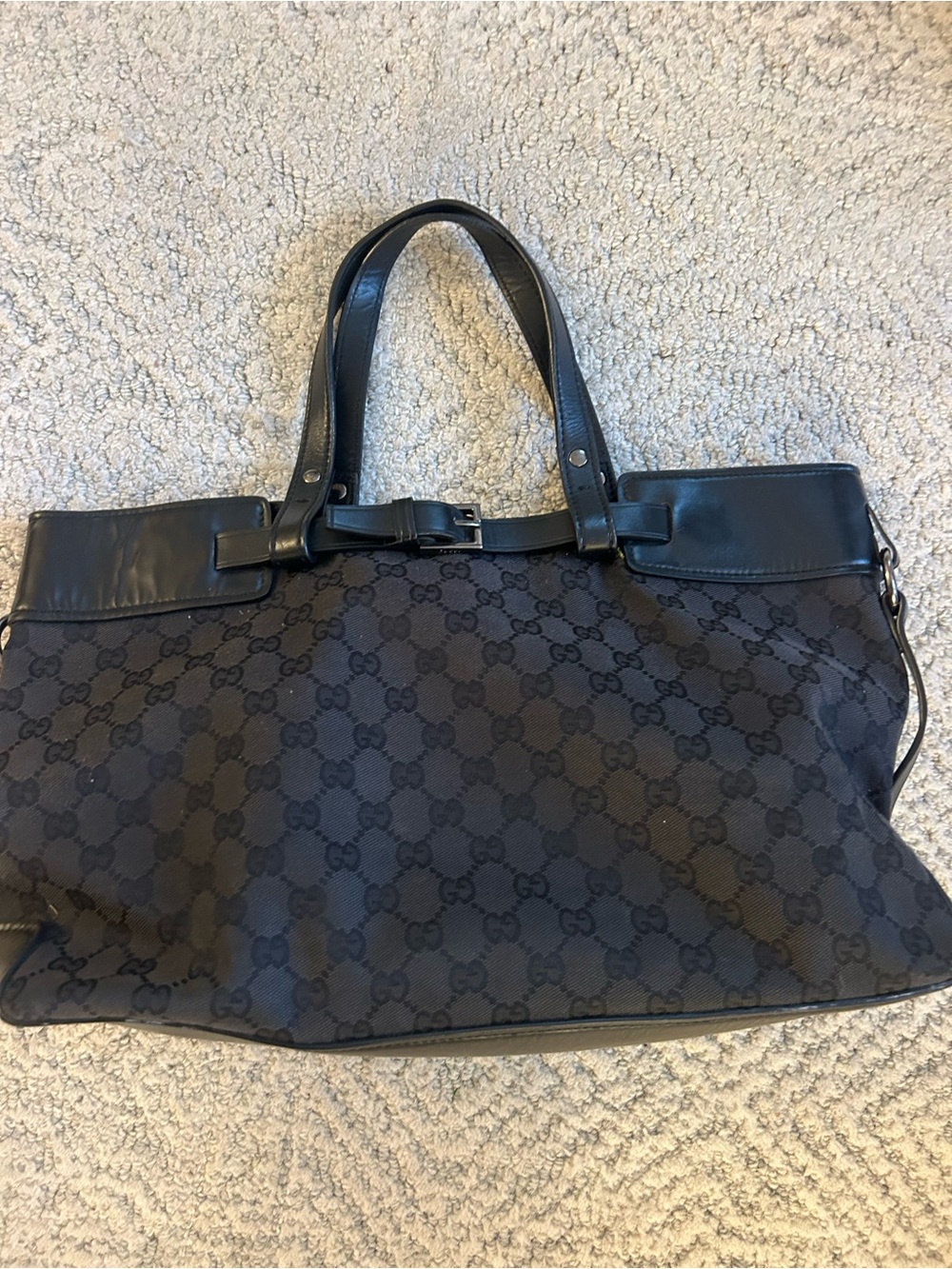 Gucci black Monogram Tote Bag with Leather Trim - Designer Style